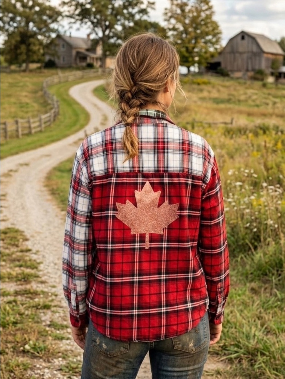Upcycled “Canada” Red Multi Plaid Shirt